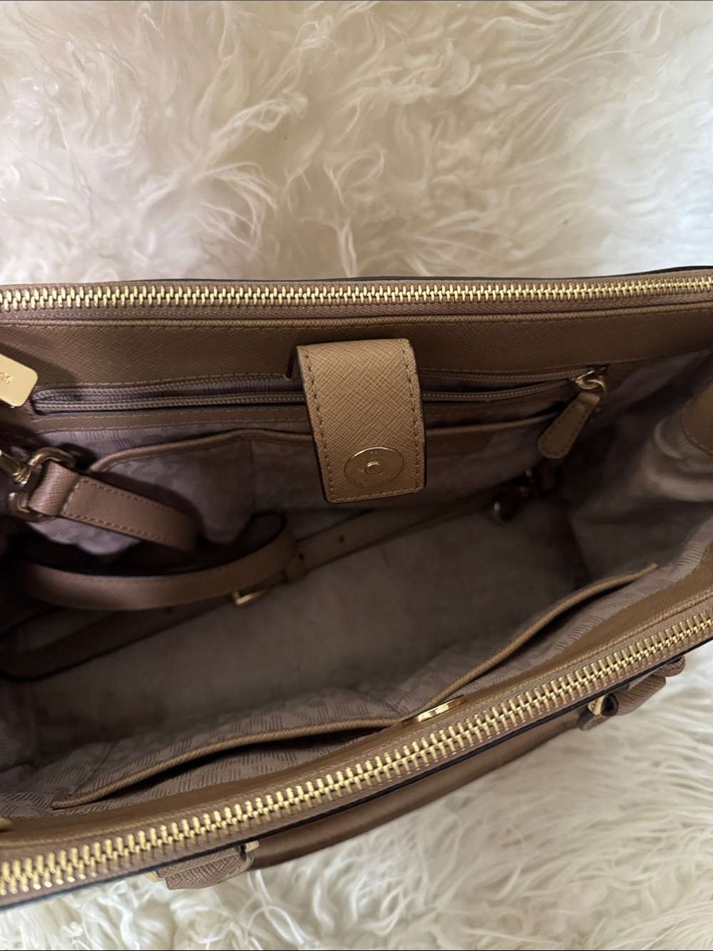 MICHAEL KORS Taupe Saffiano Leather Satchel with Gold Hardware - Picture 2 of 10